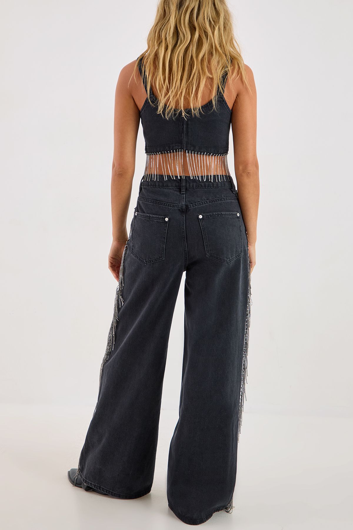 NastyGal Denim Diamonte Tassel Straight Leg Jeans Washed Black image 4