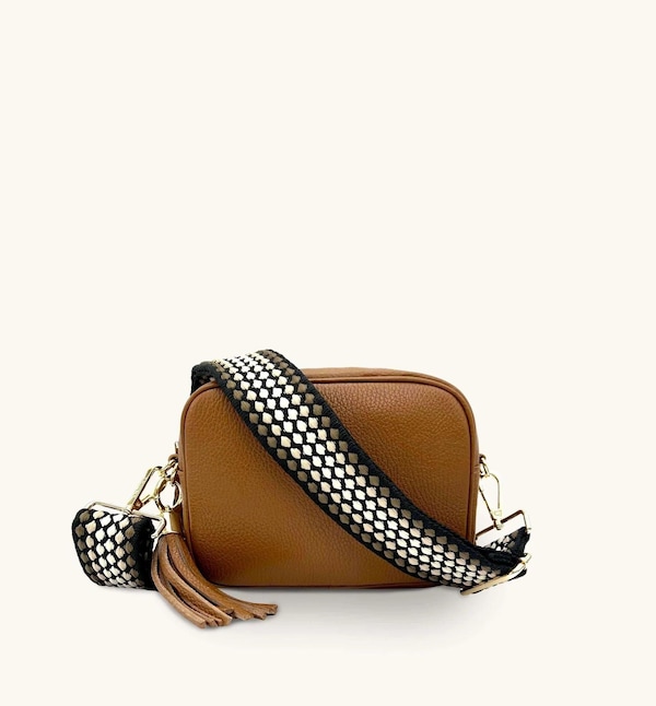 Apatchy London Tan Leather Crossbody Bag With Cappuccino Dots Strap