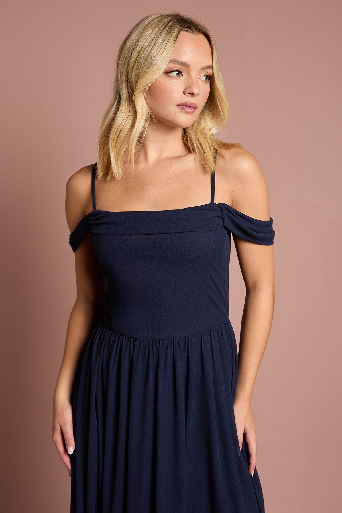 Coast Teen Coast Cold Shoulder Stretch Mesh Bridesmaid Dress Navy image 2