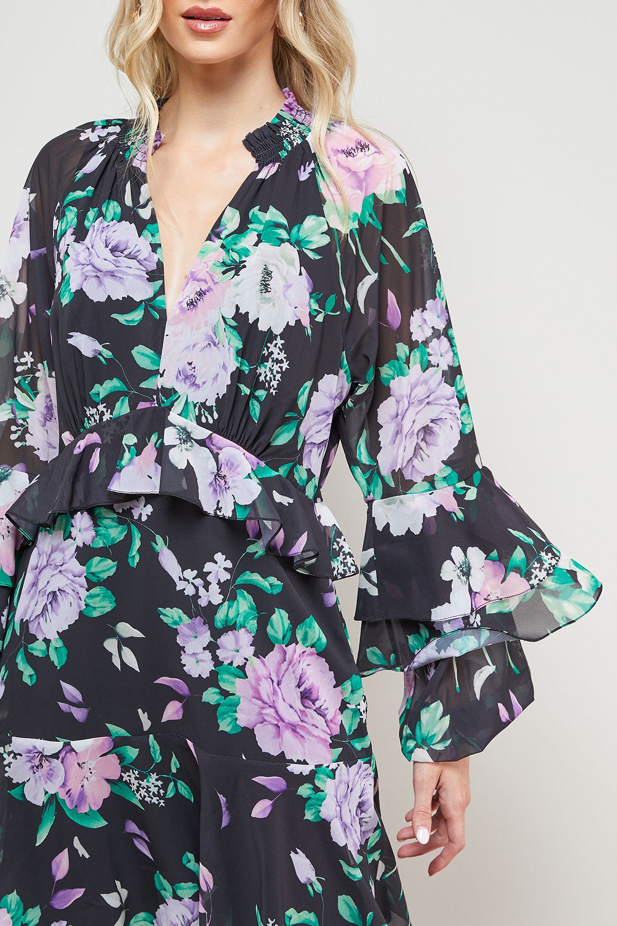 Oasis Printed Fluted Sleeve Ruffle Detail Mini Dress Black image 3