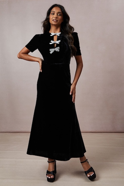 Oasis Occasion Velvet Diamante Bow Midaxi Dress Black