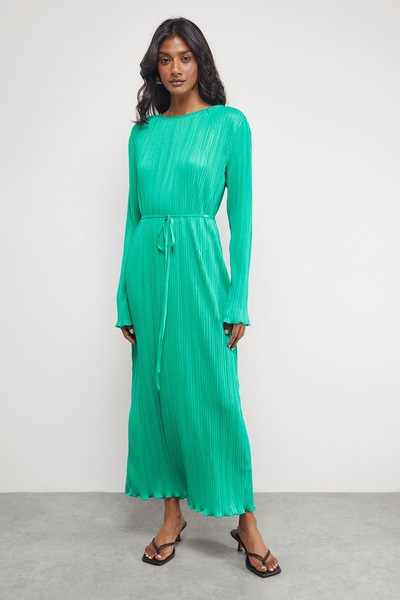 Warehouse Plisse Belted Column Midi Dress Bright Green