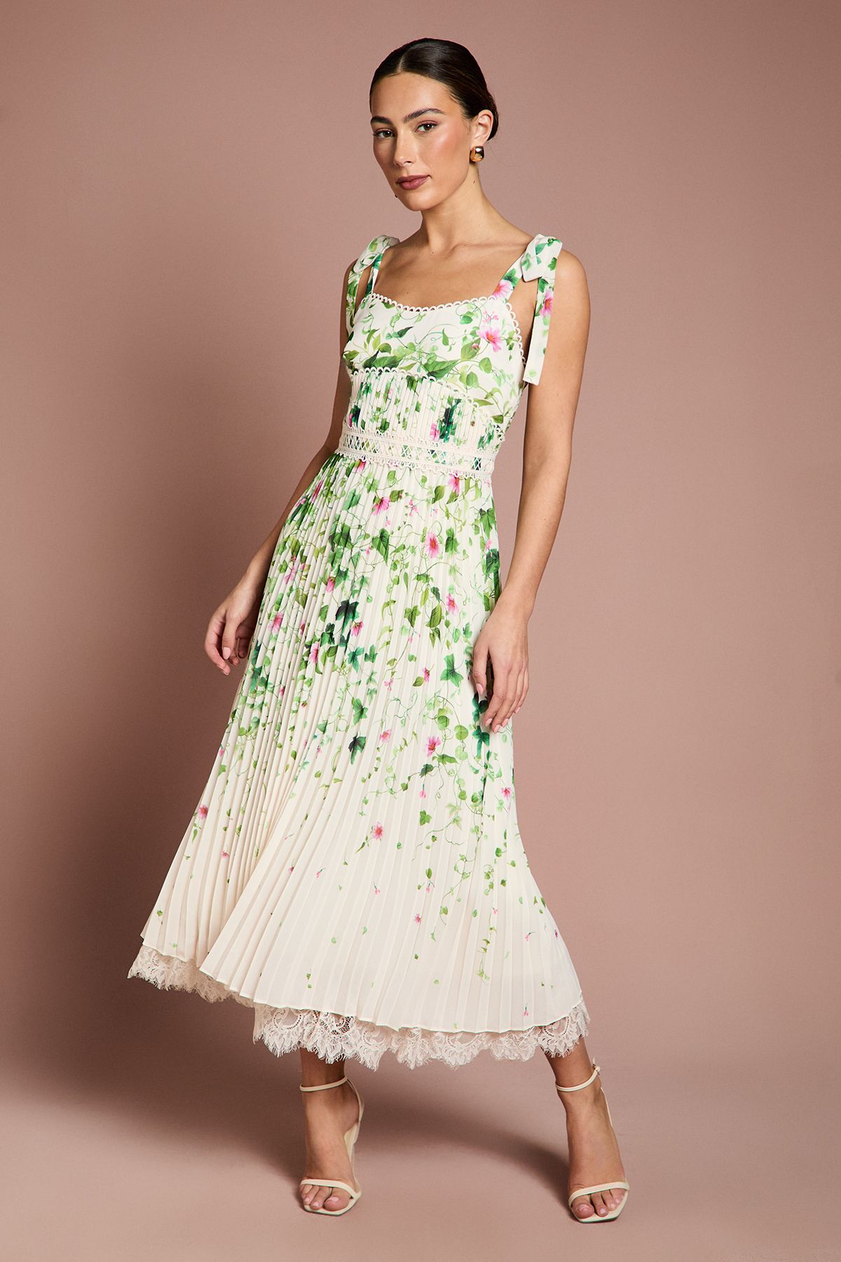 Coast Pleated Printed Georgette Midi Dress Ivory