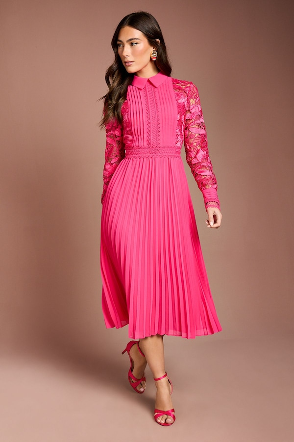 Coast Long Sleeve Lace and Pleated Midi Shirt Dress Hot Pink