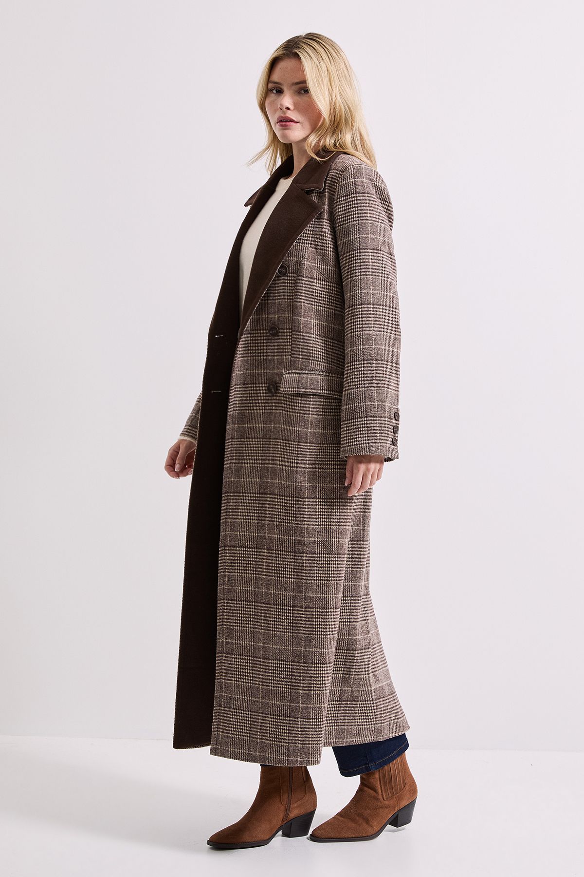 Dorothy Perkins Check Contrast Midi Coat Brown image 1