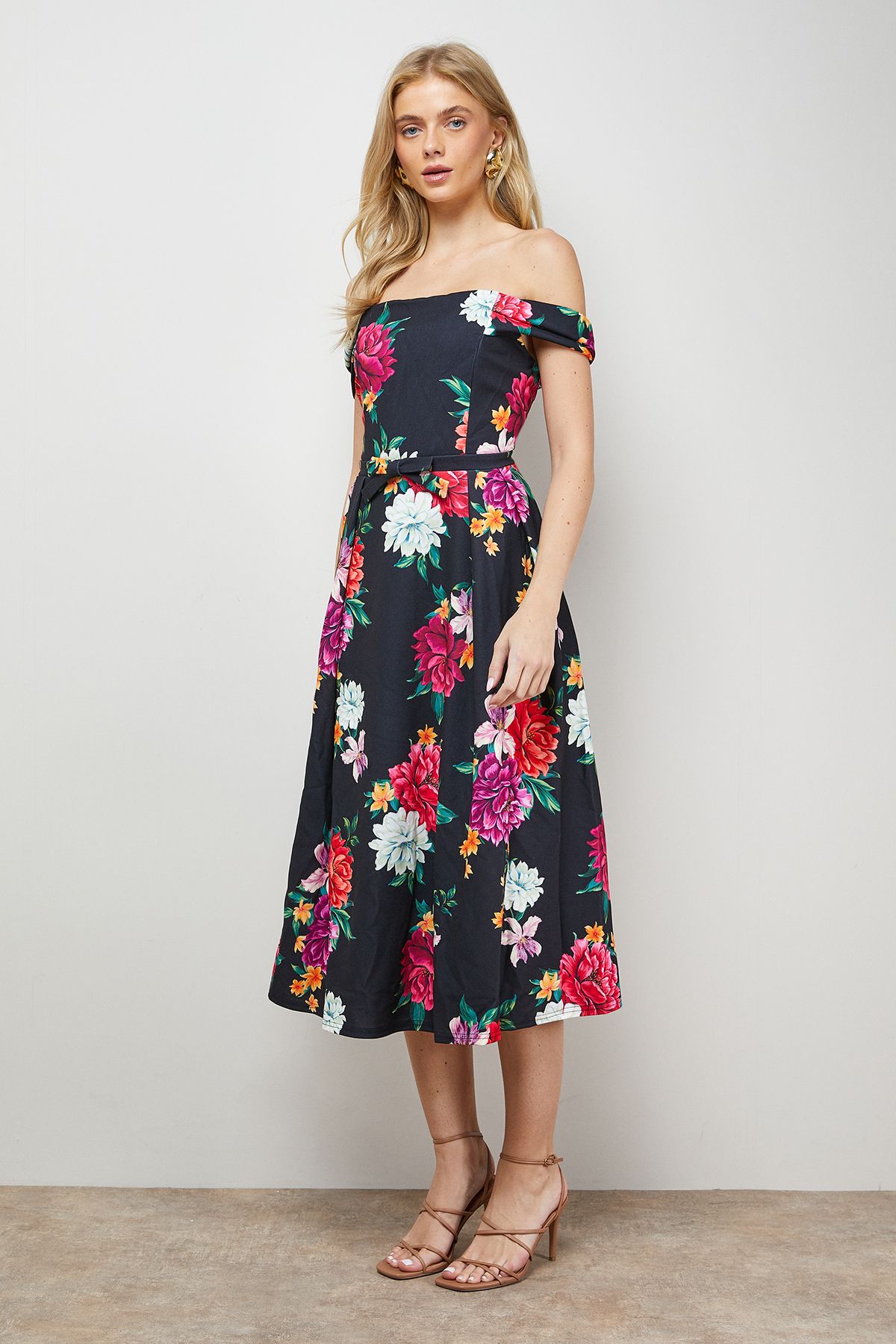 Oasis Printed Bow Front Bardot Midi Dress Floral image 1