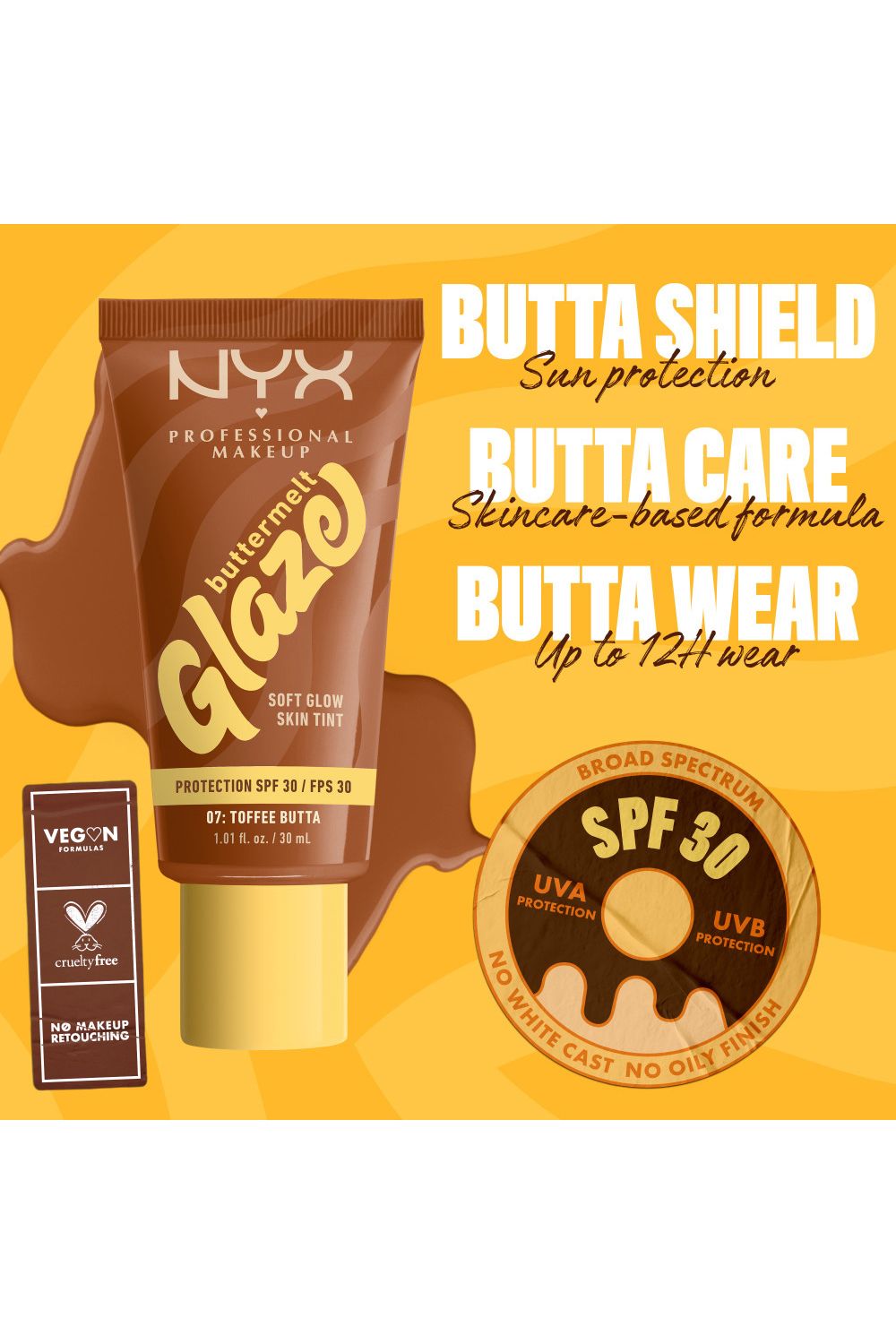 NYX Professional Makeup Buttermelt Glaze Soft Glow Skin Tint + SPF/FPS 30 30ml Toffee Butta image 3