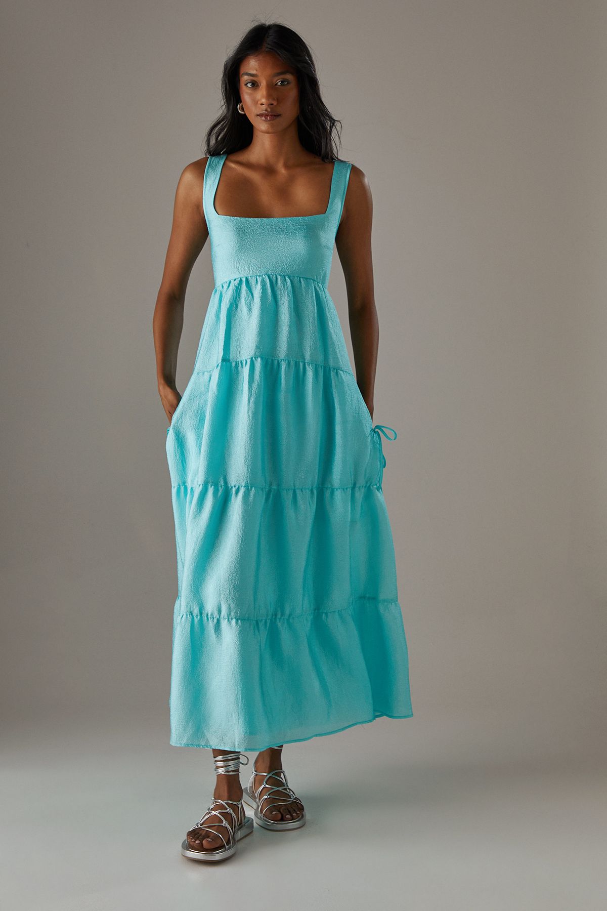 Warehouse Square Neck Smock Midi Dress With Below Pocket Aqua image 1