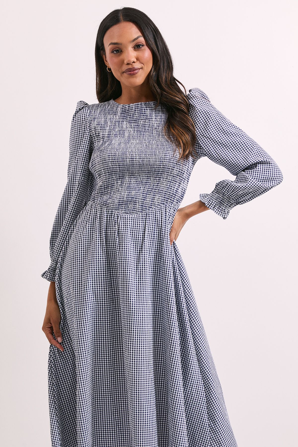 Dorothy Perkins Gingham Shirred Bodice Blouson Sleeve Midi Dress Navy image 2