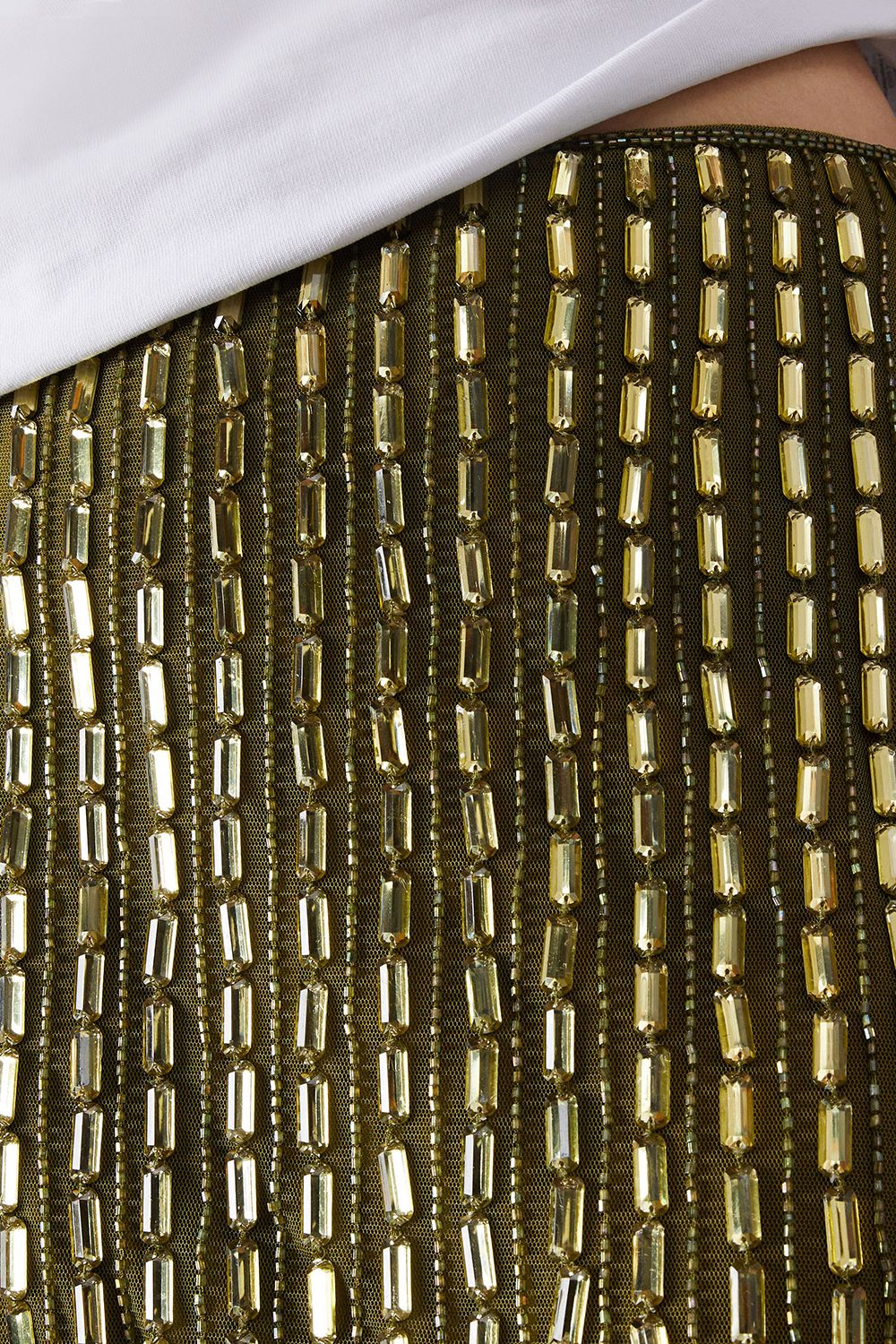 Warehouse Premium Hand Embellished Mirror Bead Sequin Mini Skirt Khaki image 5