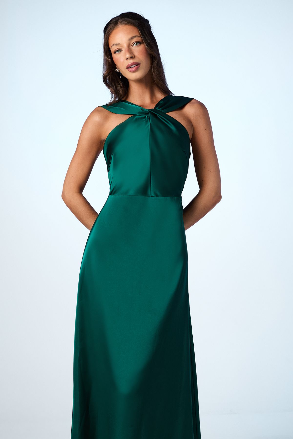 Coast Twisted Halterneck Satin Maxi Bridesmaid Dress Emerald image 2