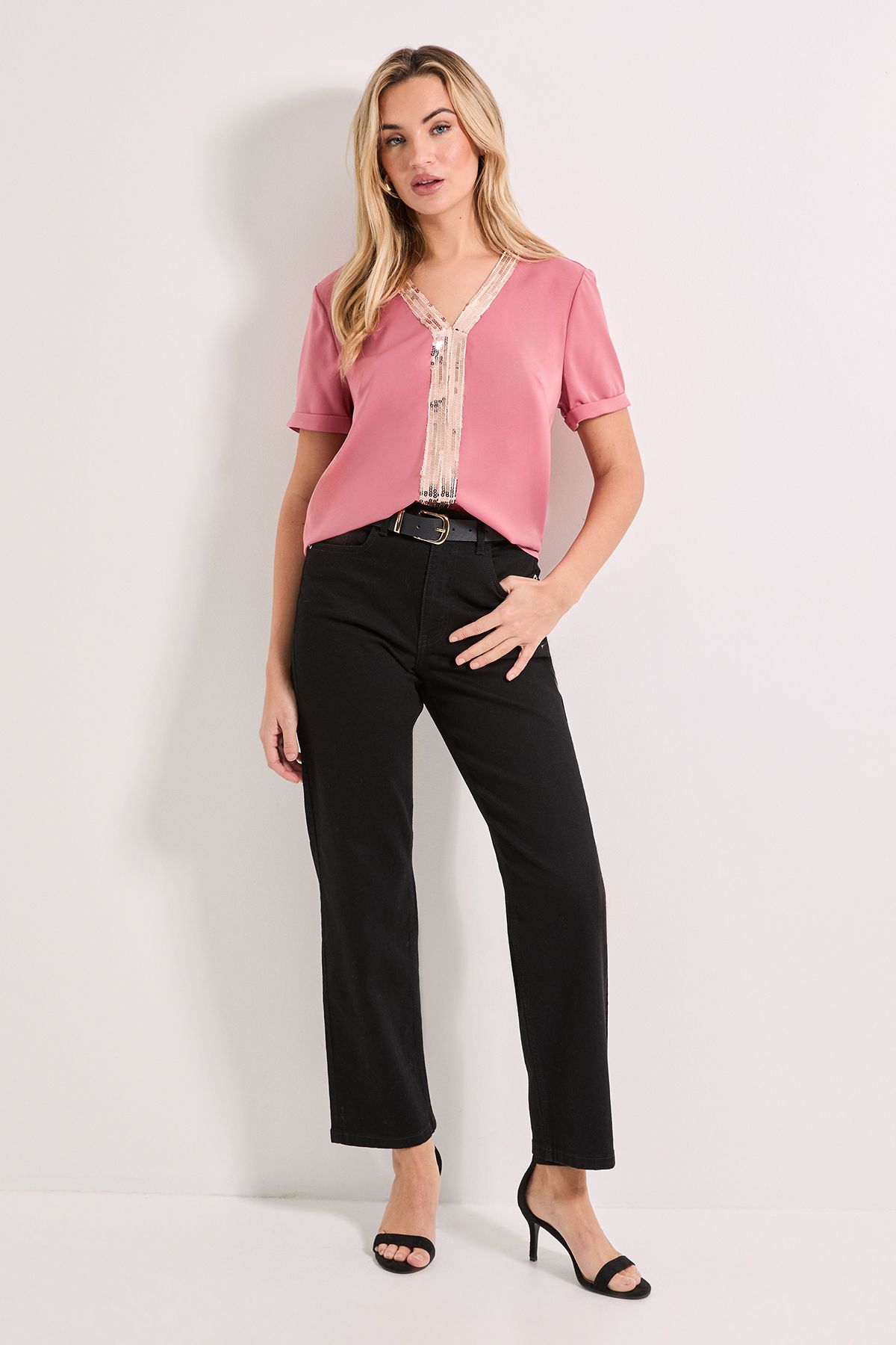 Dorothy Perkins V Neck Short Sleeve Sequin T-Shirt Rose image 2