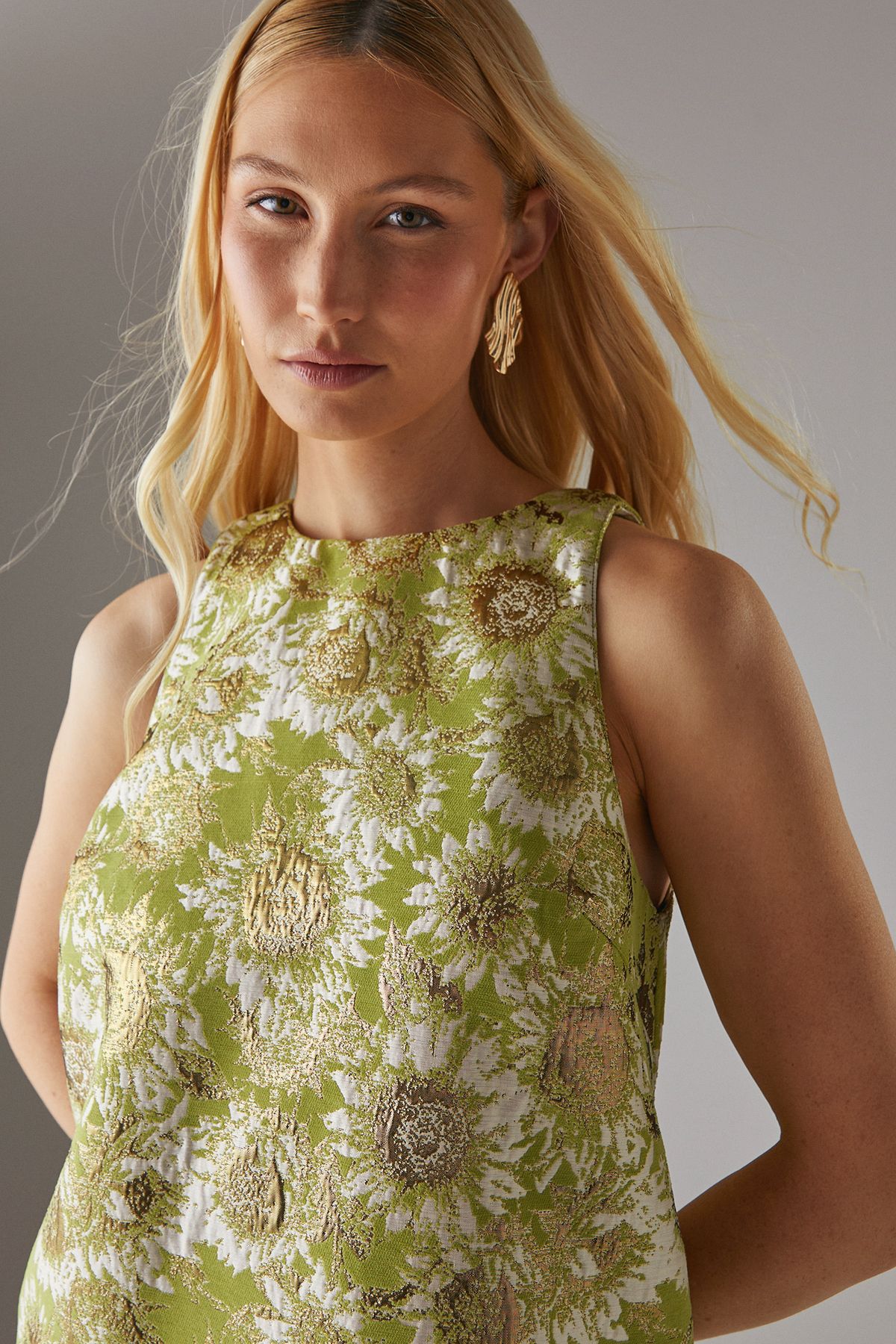 Warehouse Jacquard Peplum Hem Open Back Mini Dress Lime image 4