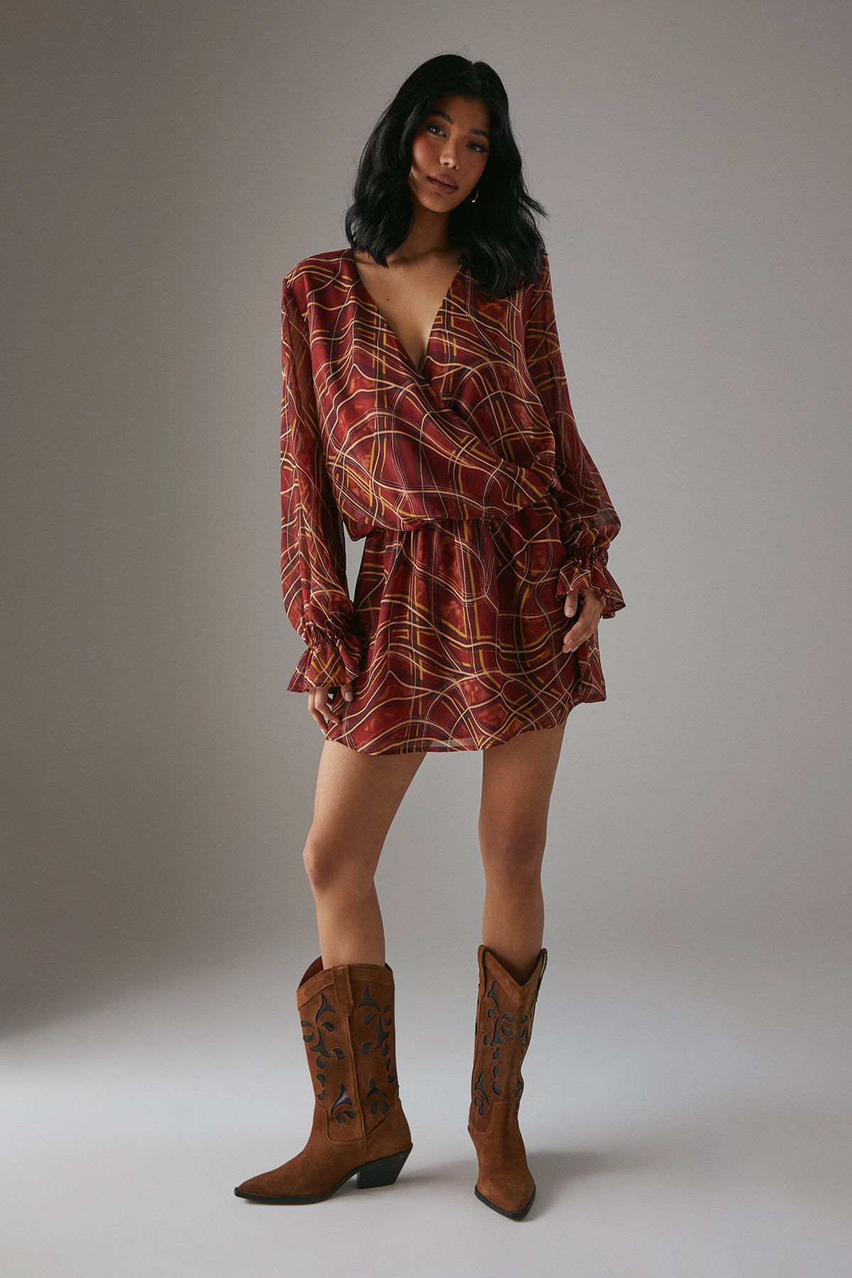 Warehouse Chiffon Wrap Drop Waist Mini Dress Dark Red image 2