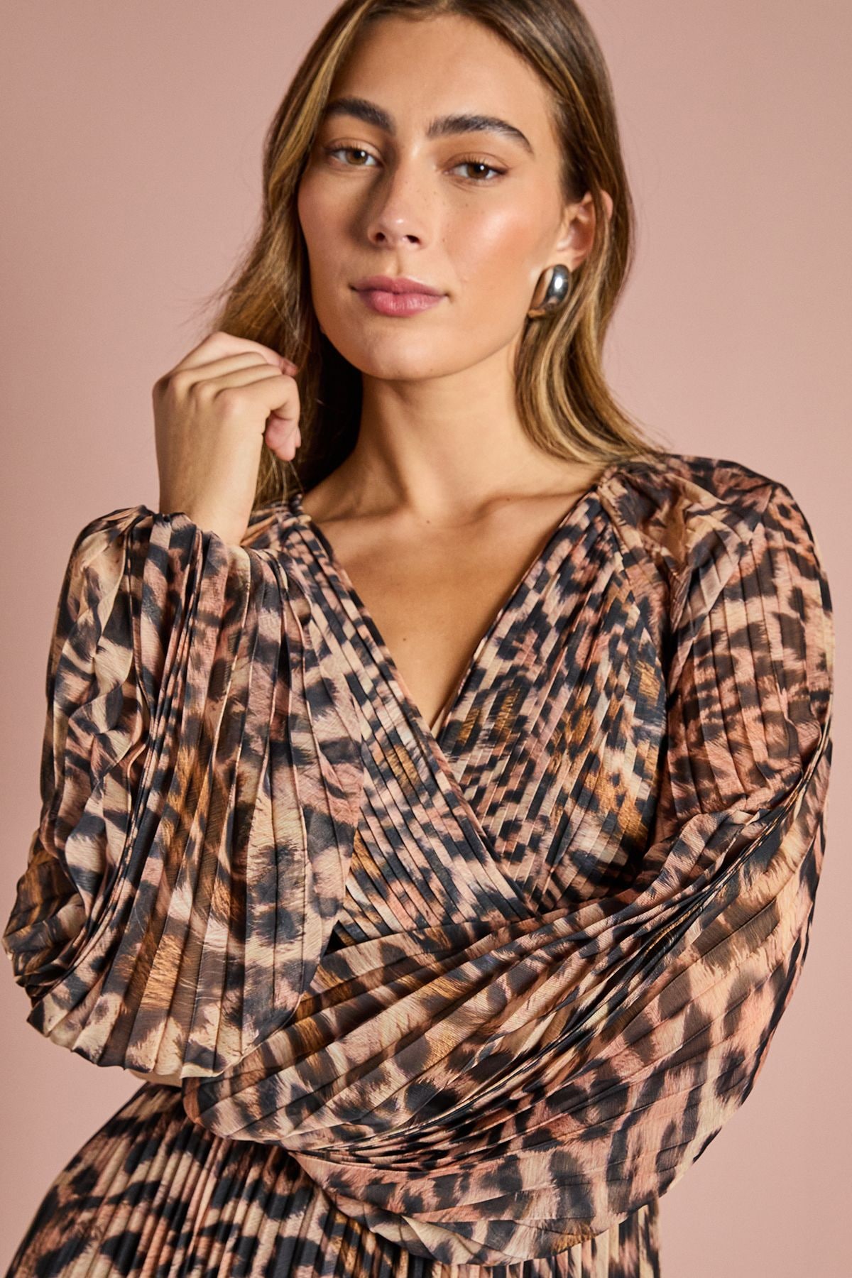 Coast Long Sleeve Chiffon Pleated Wrap Midi Dress Animal image 4