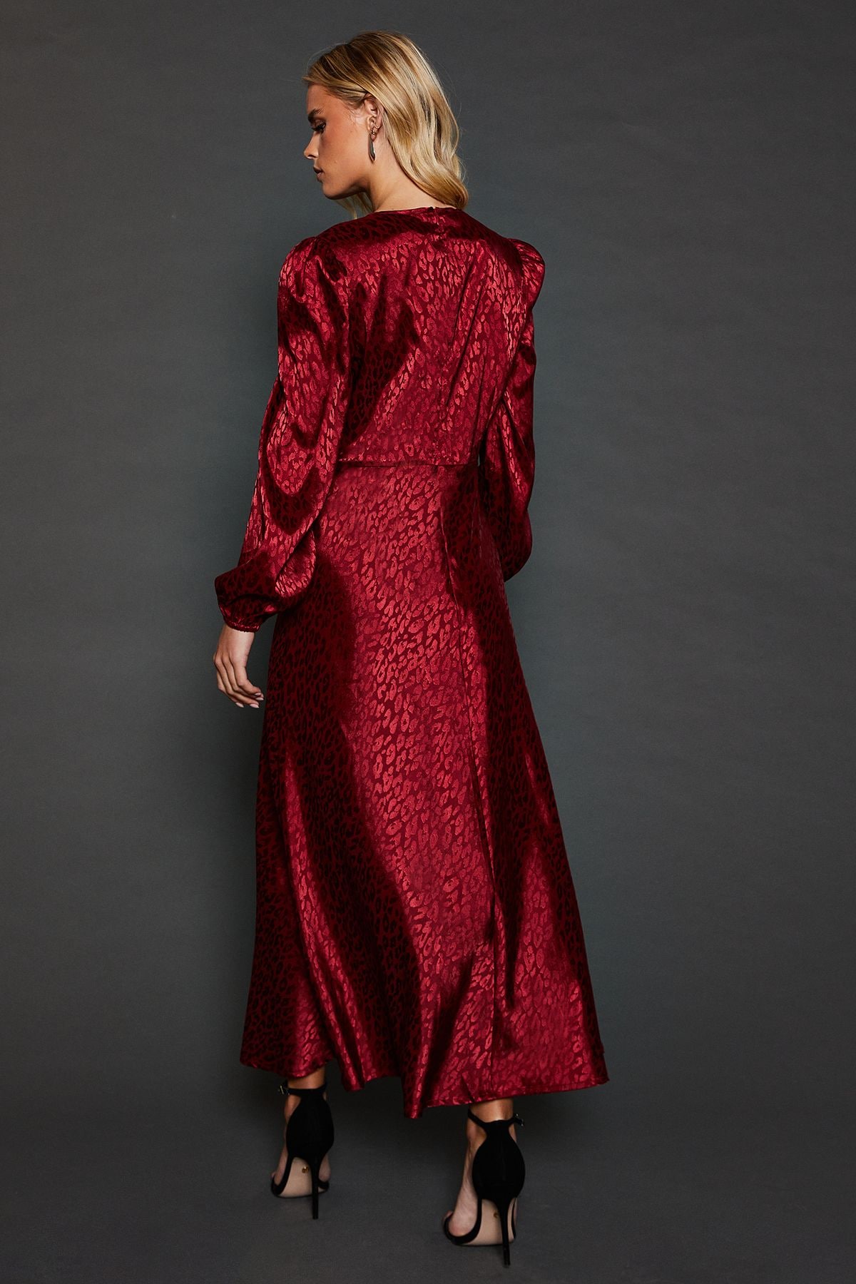 Dorothy Perkins Petite Satin Jacquard Empire Long Sleeve Midi Dress Berry image 3