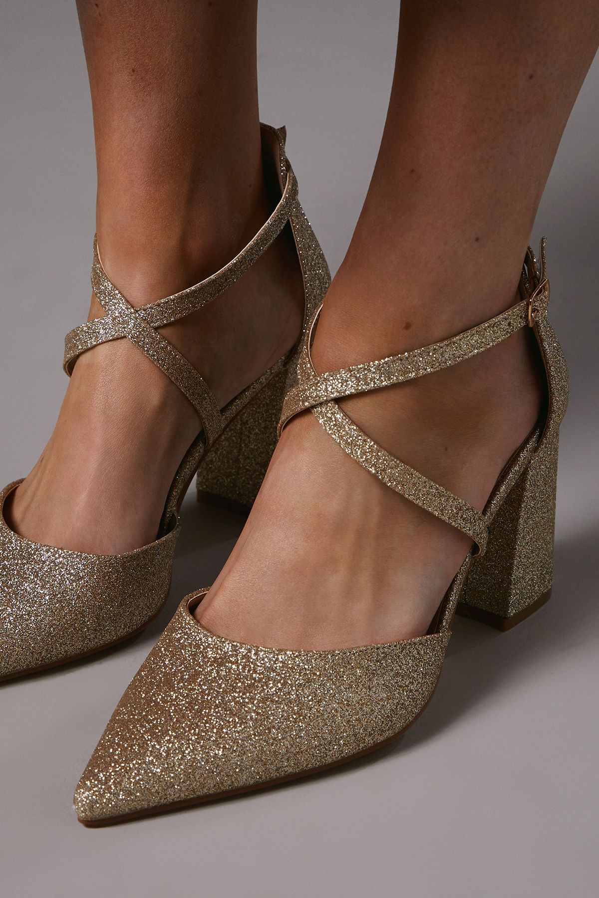 Coast Wide Fit Treat Glitter Cross Strap Pointed Block Heel Court Shoes Gold image 4