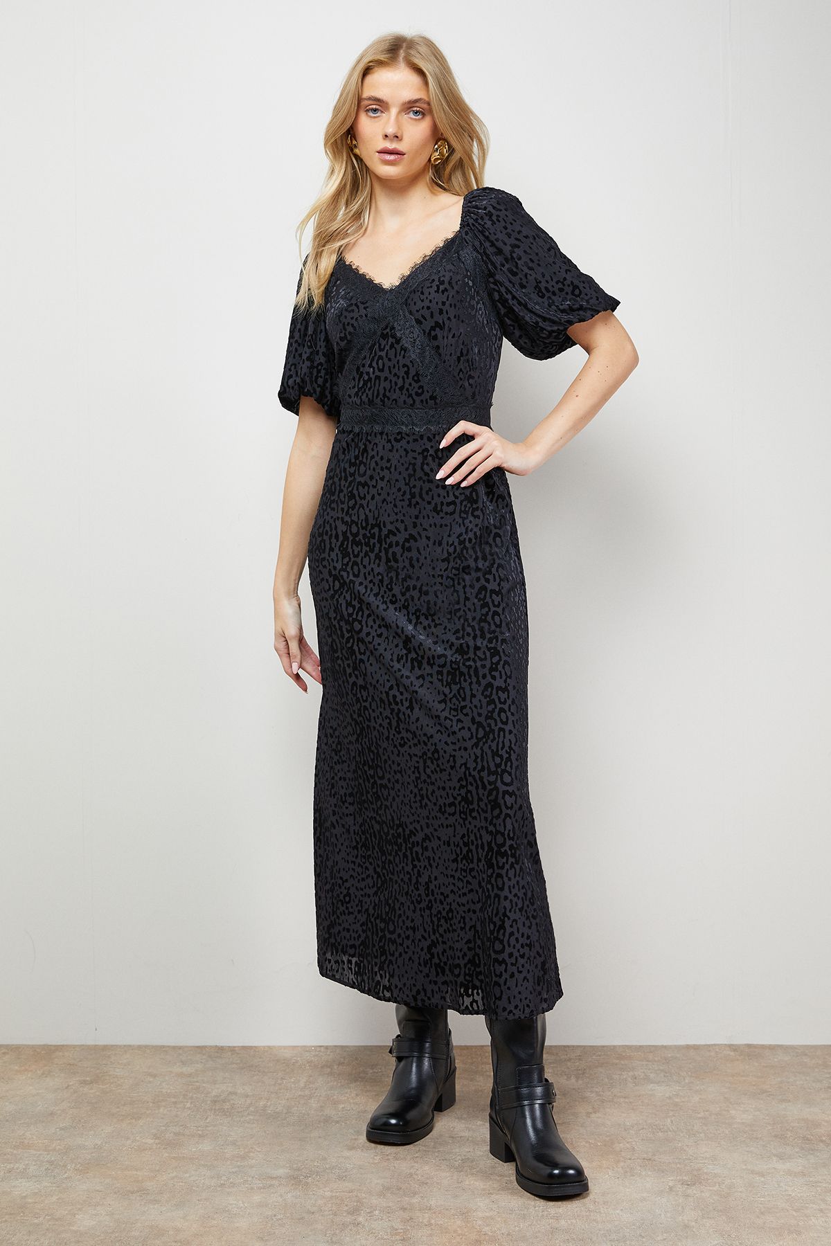 Oasis Devore Puff Sleeve Midi Dress Black