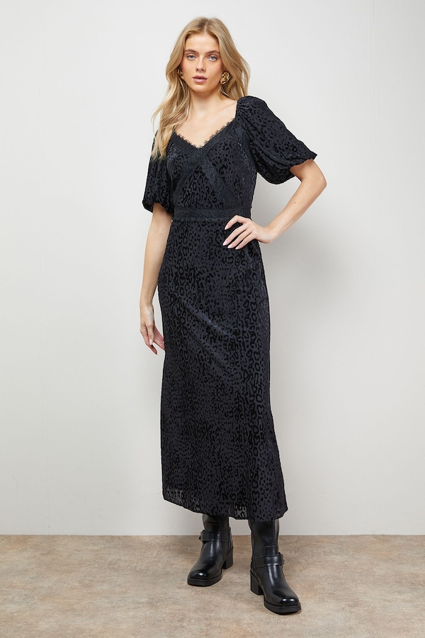 Oasis Devore Puff Sleeve Midi Dress Black