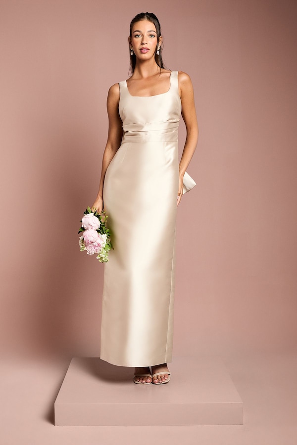 Coast Twill Sleeveless Column Bridesmaid Dress with Statement Bow Back Champagne