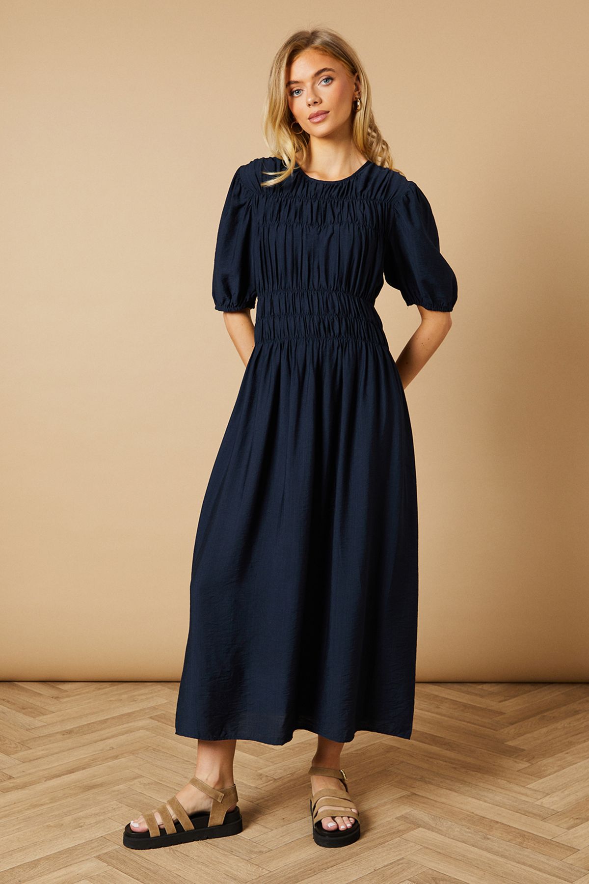 Oasis Shirred Bodice Puff Sleeve Midi Dress Navy image 1
