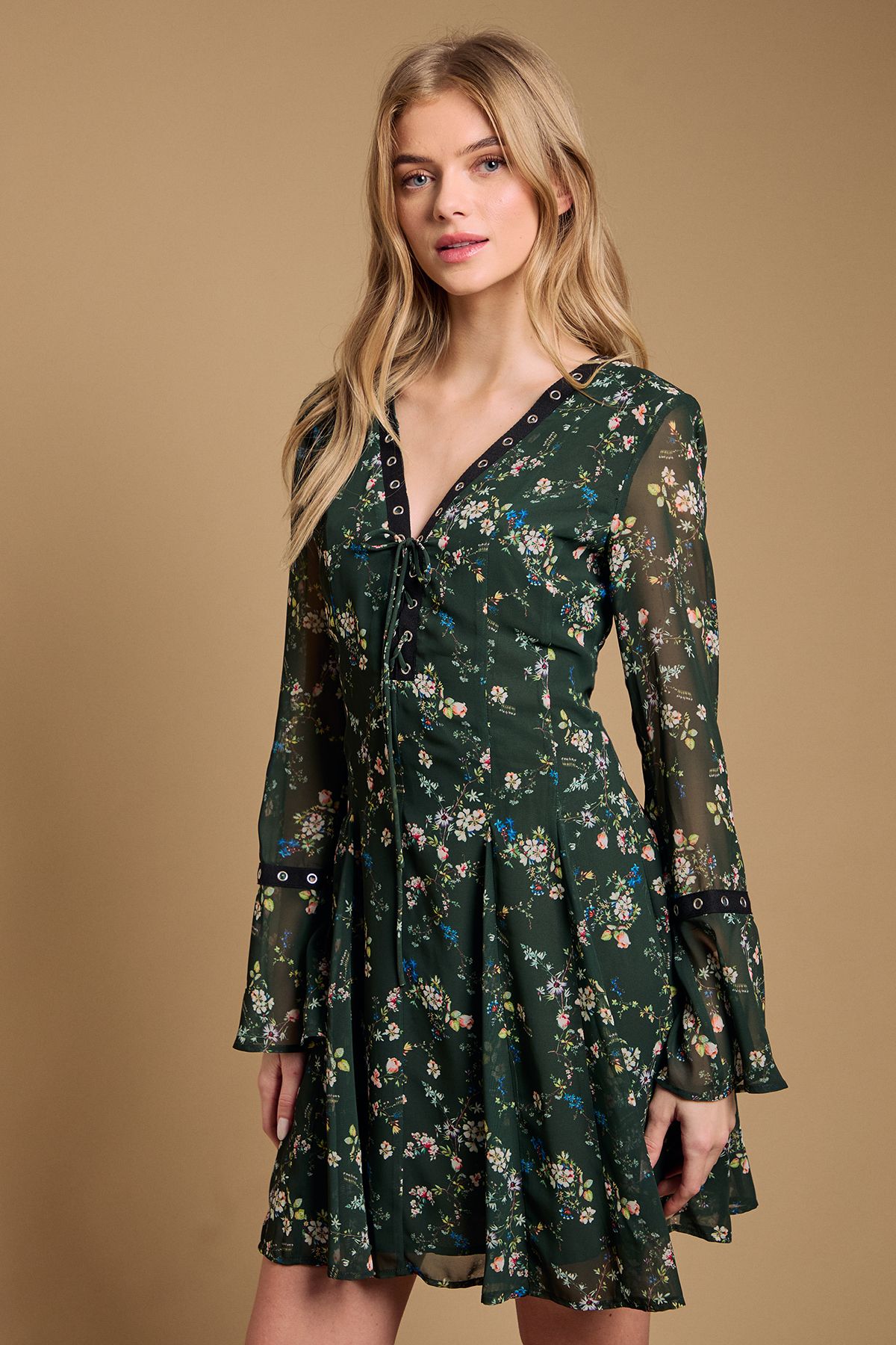 Oasis Flared Gathered Mini Dress Multi image 2