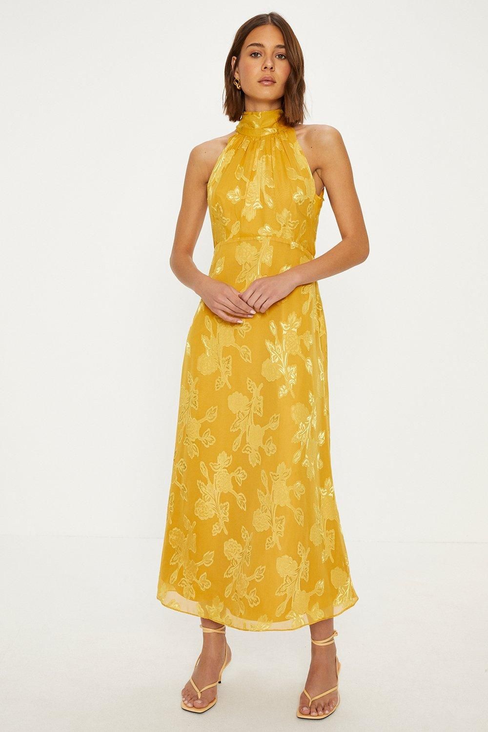 Oasis Floral Satin Burnout Halter Midi Dress Ochre image 1