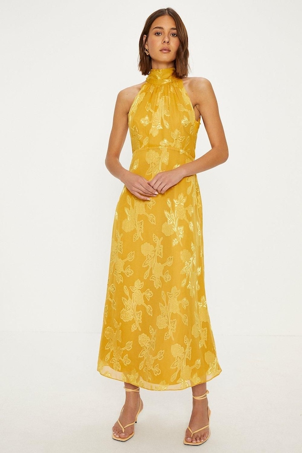 Oasis Floral Satin Burnout Halter Midi Dress Ochre