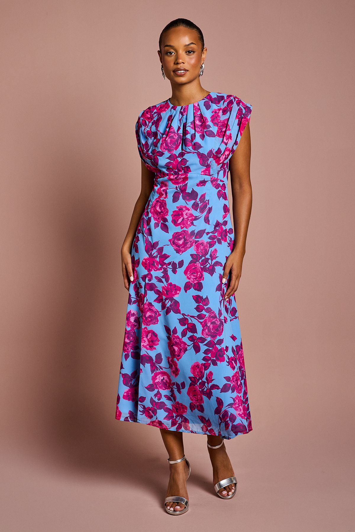 Coast Petite Short Sleeve Chiffon Midi Dress Blue image 1