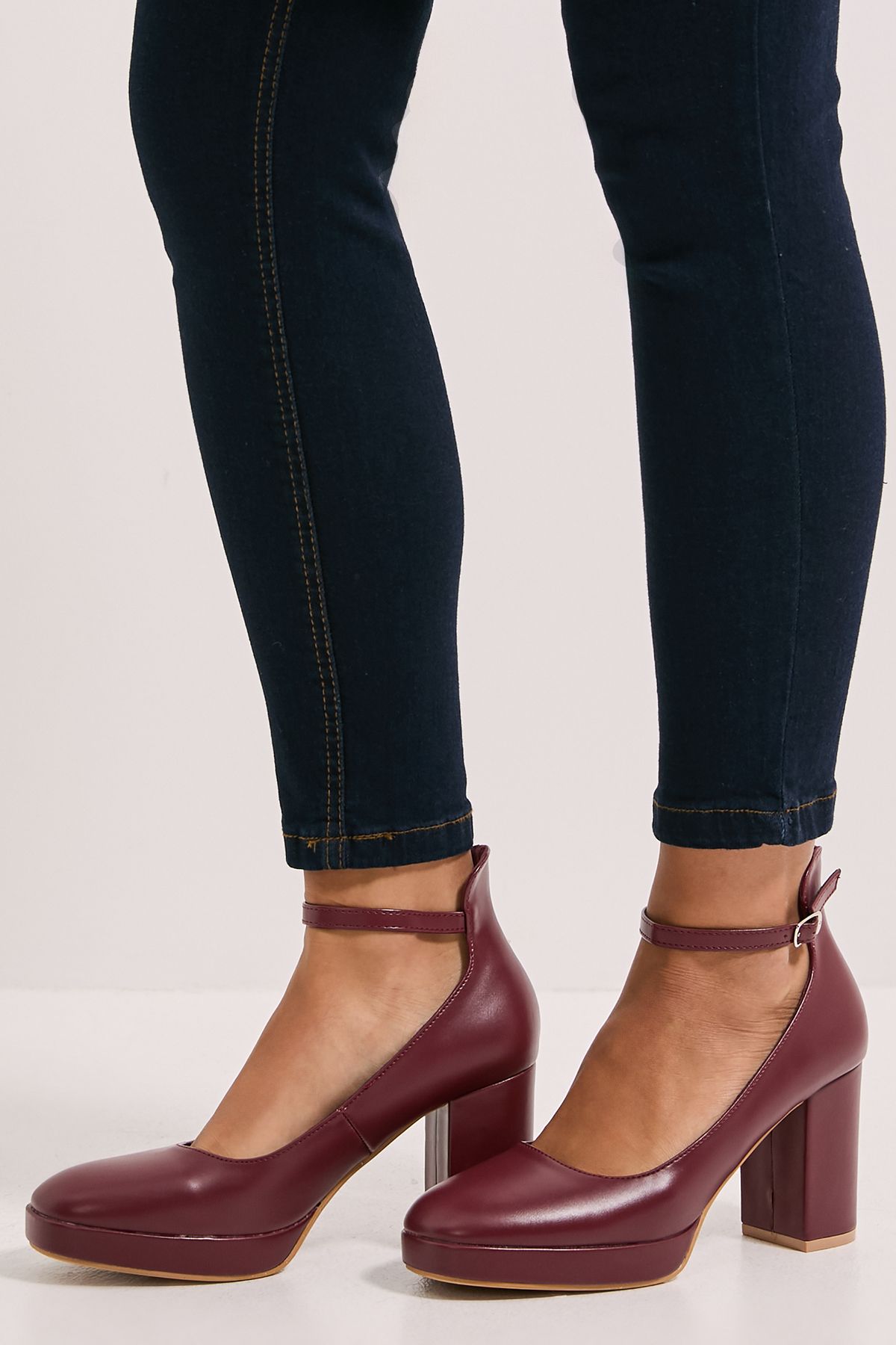 Dorothy Perkins Vanessa Faux Leather Platform Ankle Strap High Block Heel Court Shoes Burgundy image 4