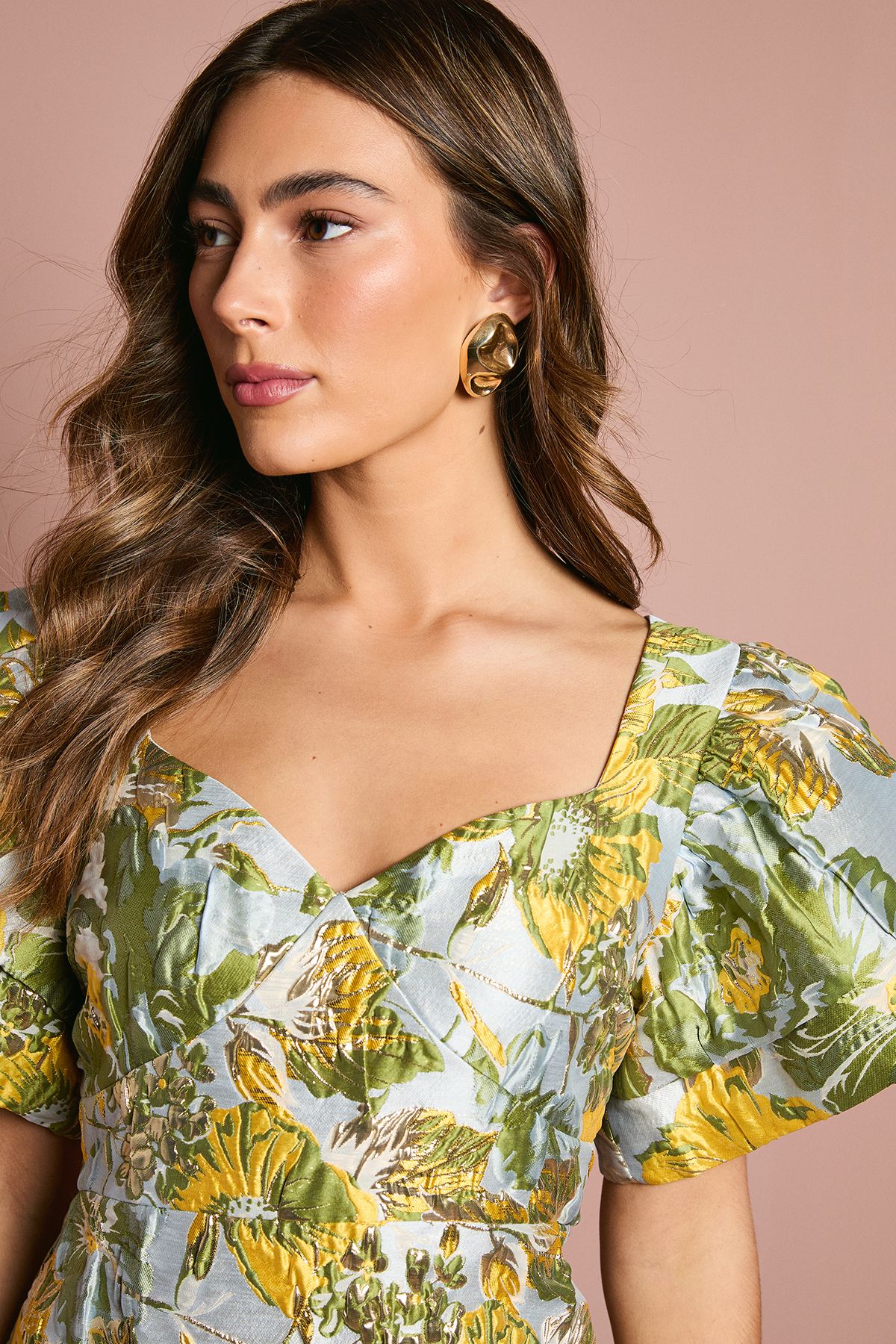 Coast Metallic Jacquard Volume Sleeve Midi Dress Blue image 4