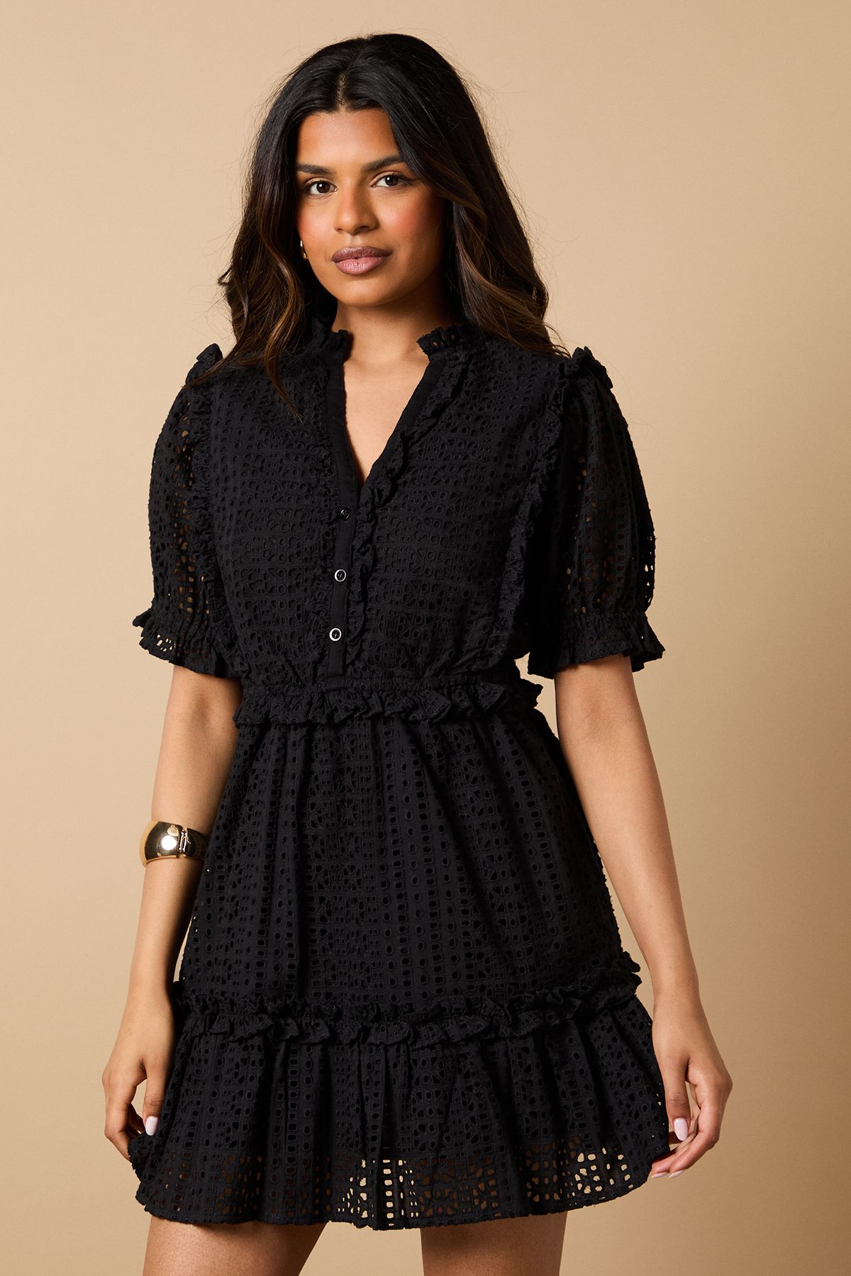 Oasis Petite Broderie Frill Detail Button Down Mini Dress Black image 2
