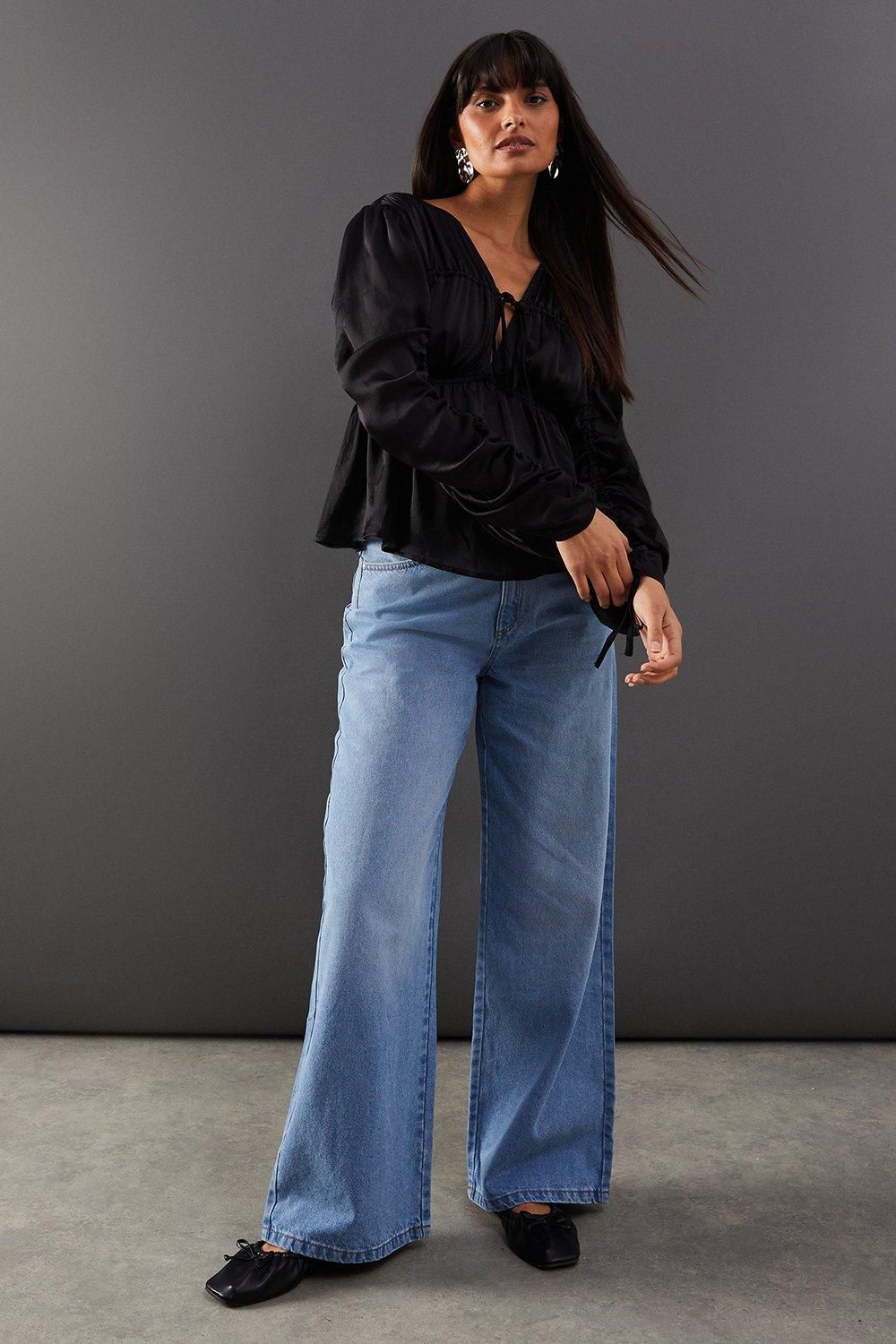 Warehouse Crinkle Satin Tie Front Volume Sleeve Blouse Black image 2