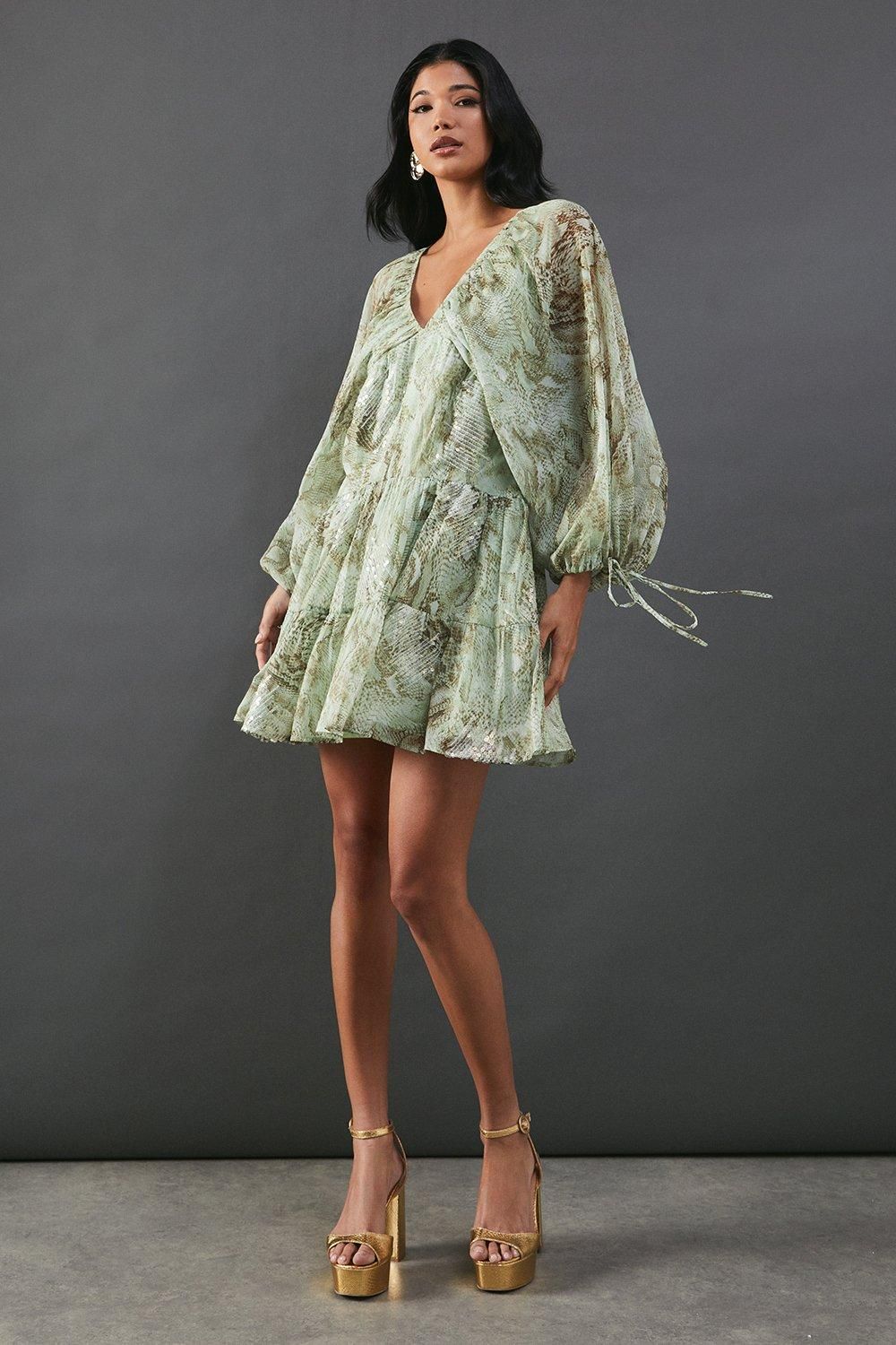 Warehouse Sequin Snake Embellished Volume Sleeve Mini Smock Dress Lime image 4