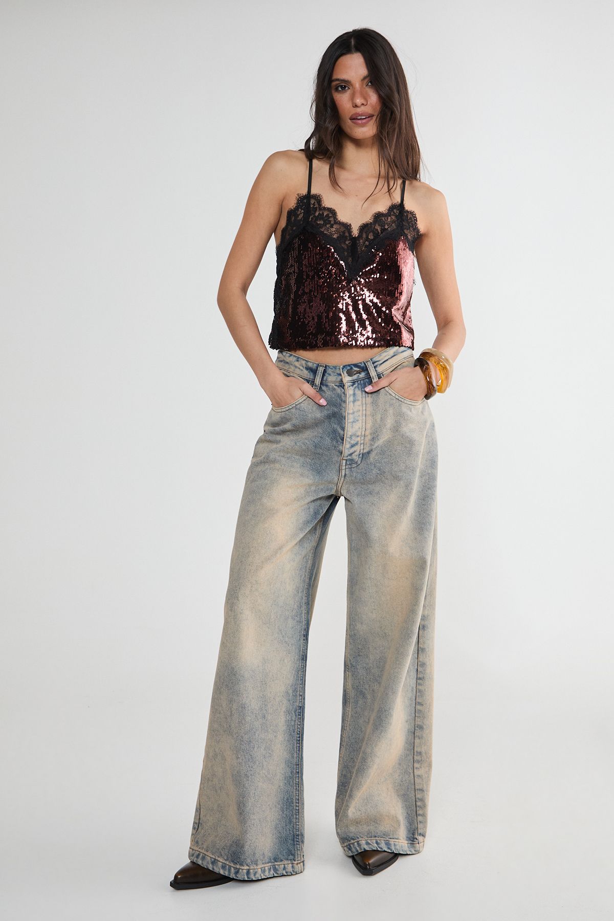 NastyGal Sequin Contrast Lace Trim Cami Top Chocolate image 2