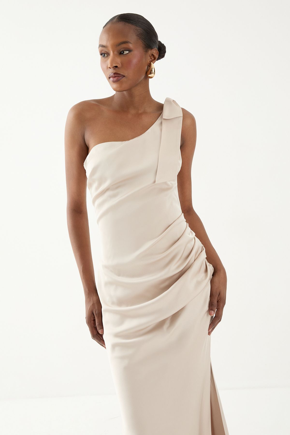 MissPap Asymmetric Shoulder Bow Detail Bridesmaid Dress Champagne image 2