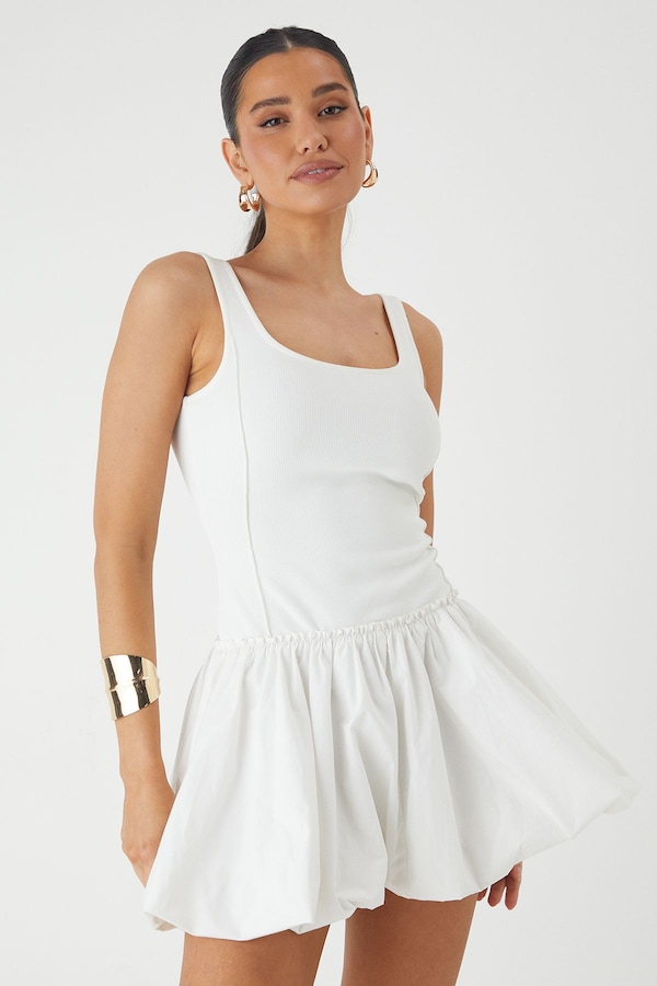 MissPap Square Neck Puffball Mini Dress White