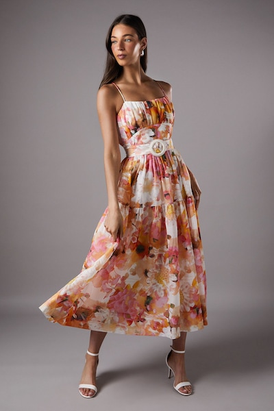 Coast Printed Sleeveless Midi Dress With Belt Blush