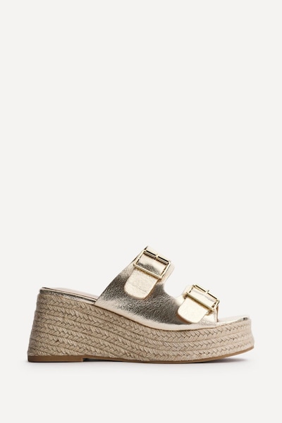 Linzi Impact Gold Faux Leather Double Buckle Espadrille Wedge Mule