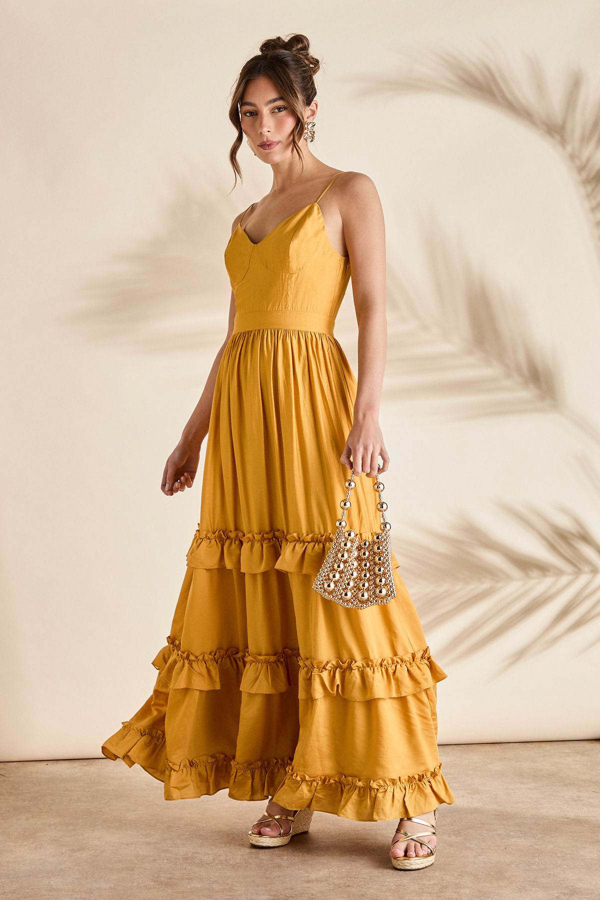 Coast Mustard Strappy Bodice Frill Maxi Dress PLT