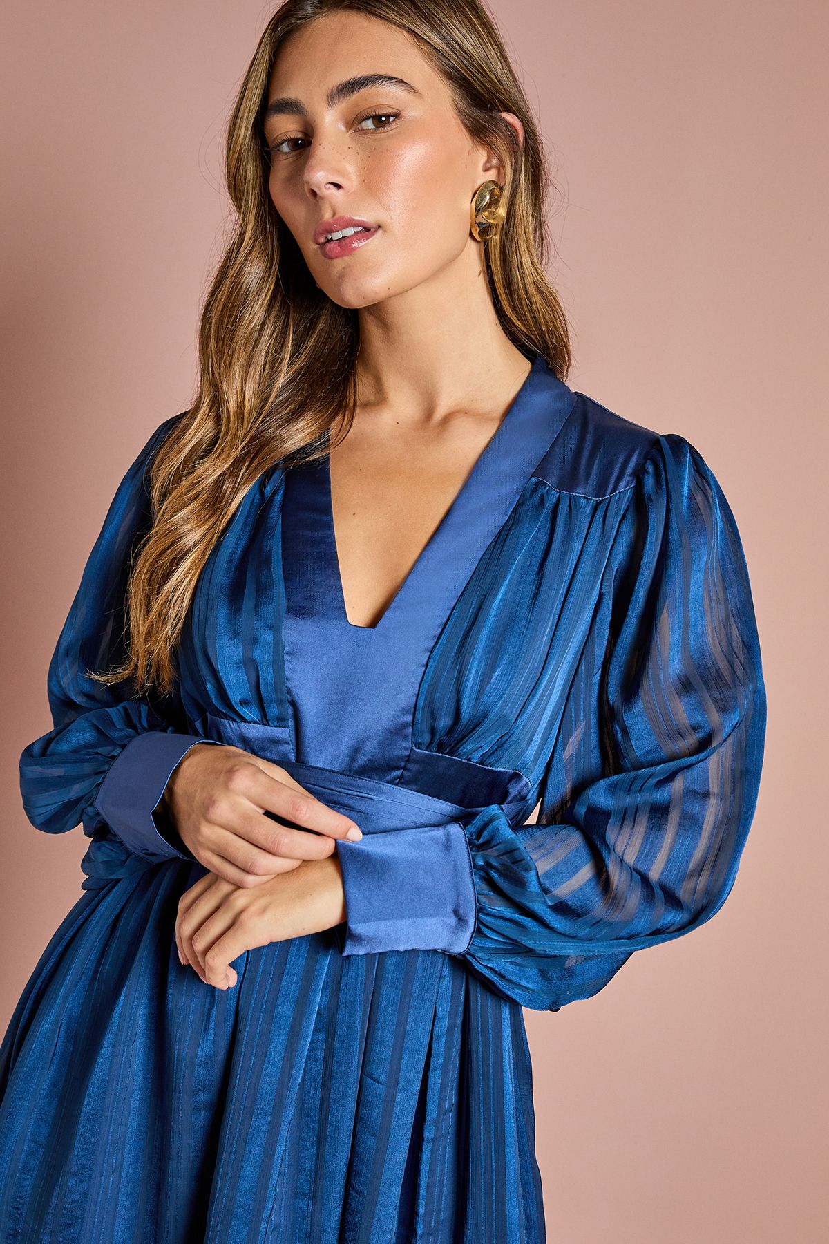 Coast Long Sleeve Stripe Jacquard Maxi V Neck Dress Navy image 4