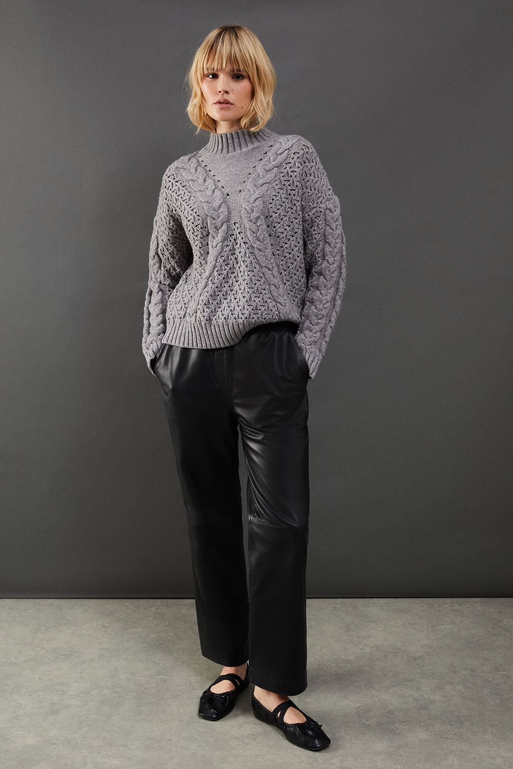 Warehouse Chunky Cable Knit Roll Neck Jumper Grey Marl image 2