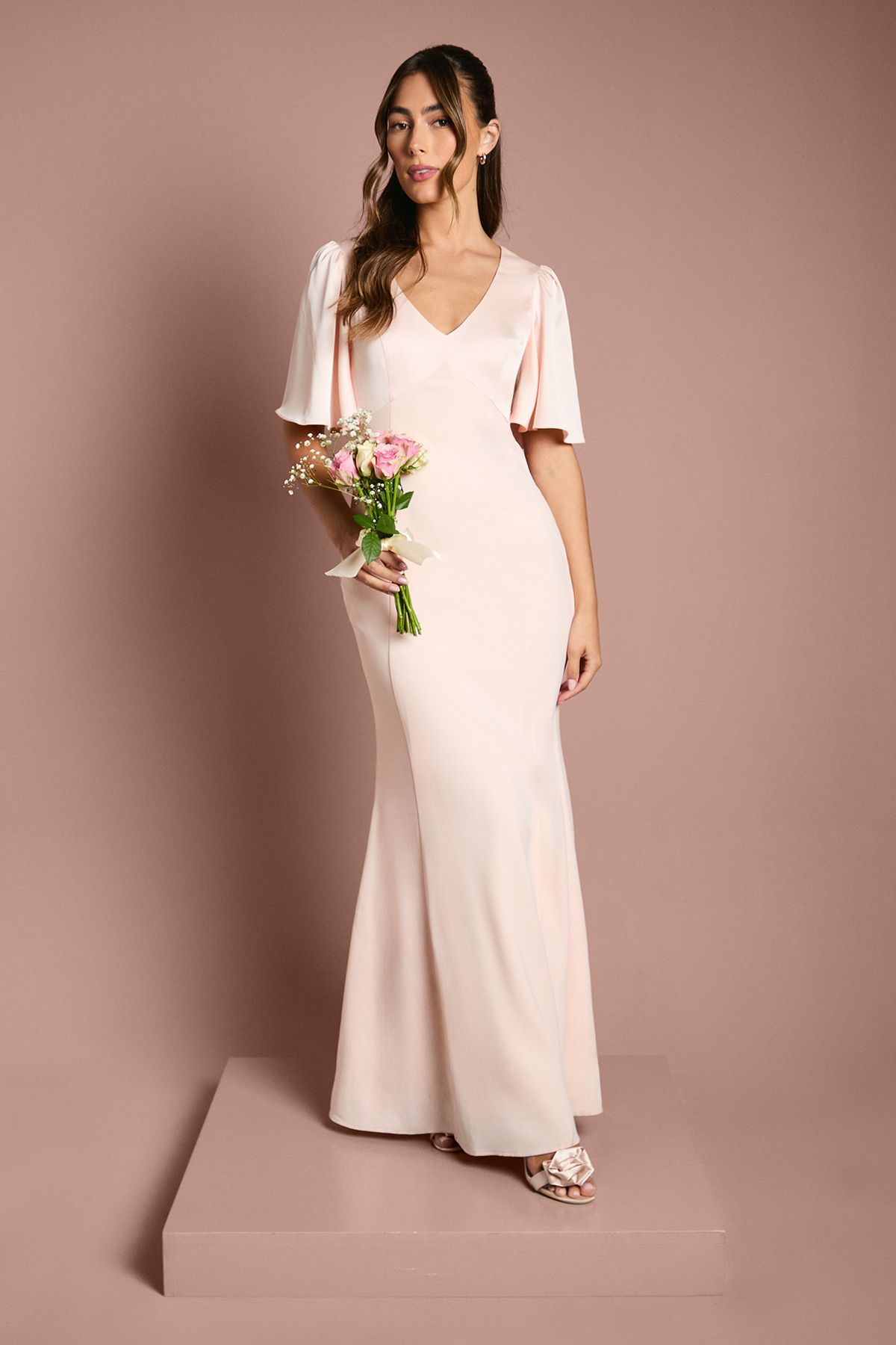 Coast Contrast Satin Angel Sleeve Open Back Bridesmaid Dress Blush image 1