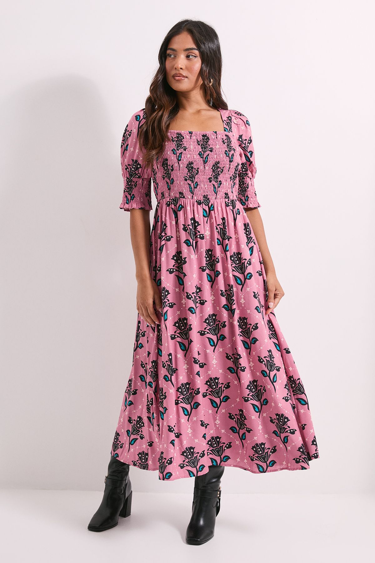 Dorothy Perkins Petite Pink Floral Shirred Bodice Puff Sleeve Square Neck Midi Dress Pink image 1