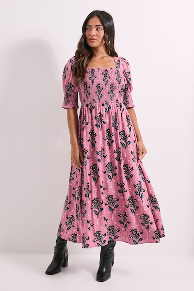 Dorothy Perkins Petite Pink Floral Shirred Bodice Puff Sleeve Square Neck Midi Dress Pink