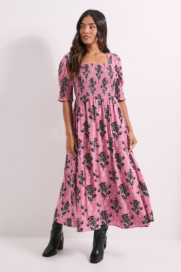 Dorothy Perkins Petite Pink Floral Shirred Bodice Puff Sleeve Square Neck Midi Dress Pink