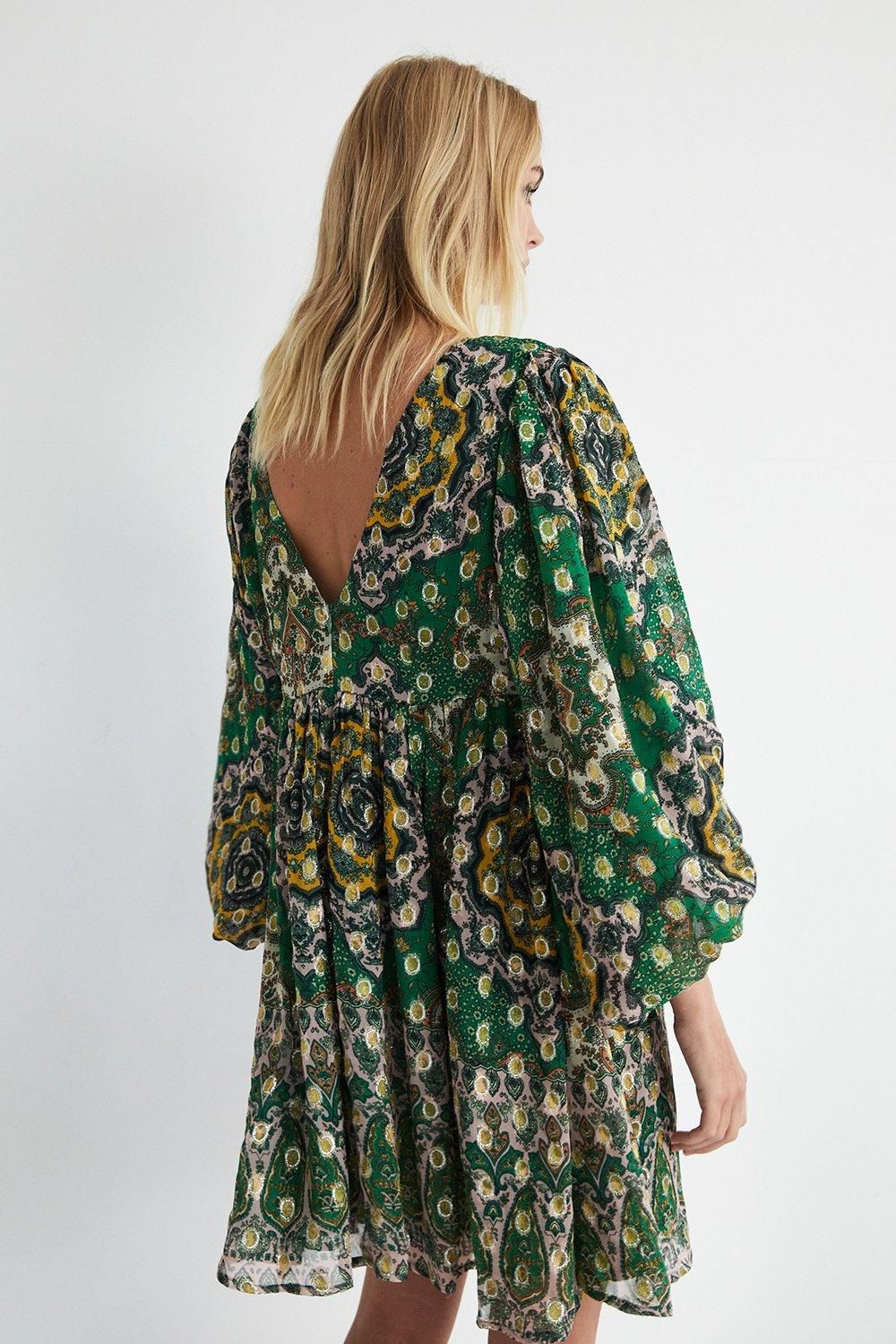 Warehouse Sparkle Border Print V Neck Mini Dress Green image 3