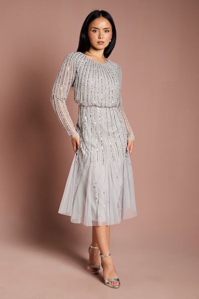 Coast Petite Party Sequin Long Sleeve Midi Dress Grey Mist