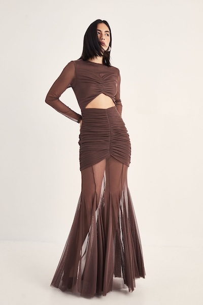 NastyGal Mesh Cut Out Maxi Dress Chocolate