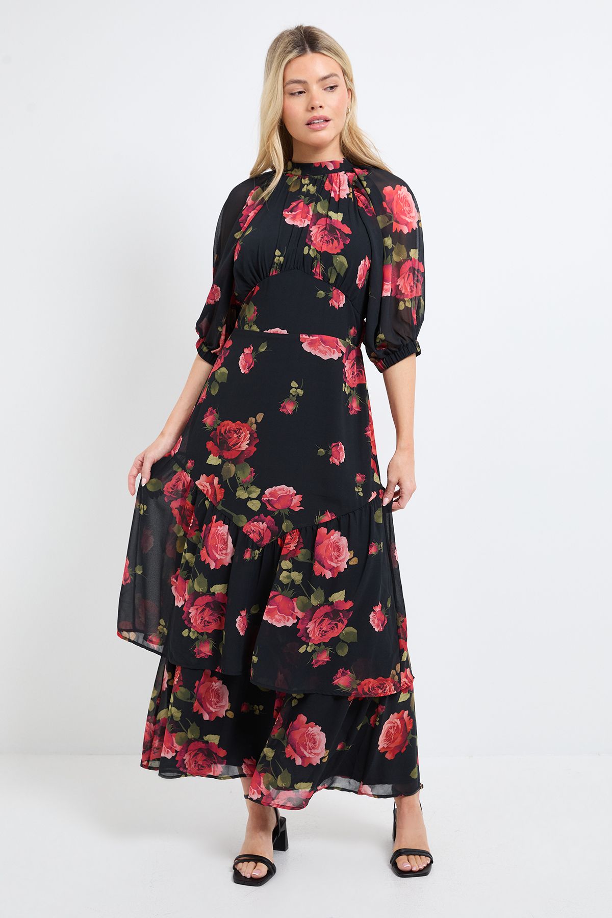 Dorothy Perkins DP Luxe Printed Floral Chiffon Empire Waist Tiered Frill Maxi Dress Black image 1